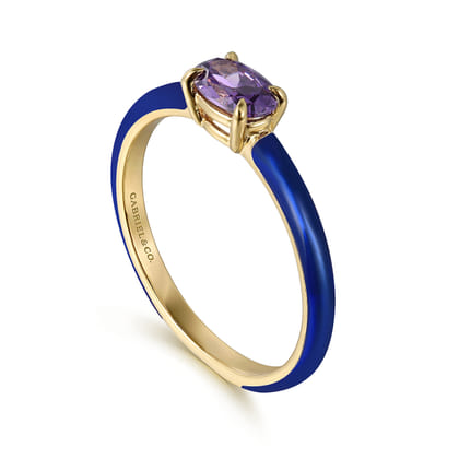 Enamel - 14K Yellow Gold Amethyst Cocktail Stackable with Chrome Blue Enamel