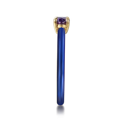 Enamel - 14K Yellow Gold Amethyst Cocktail Stackable with Chrome Blue Enamel