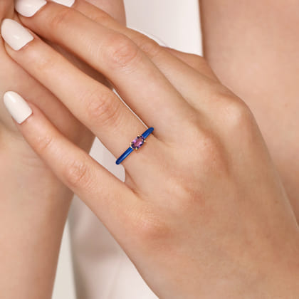 Enamel - 14K Yellow Gold Amethyst Cocktail Stackable with Chrome Blue Enamel