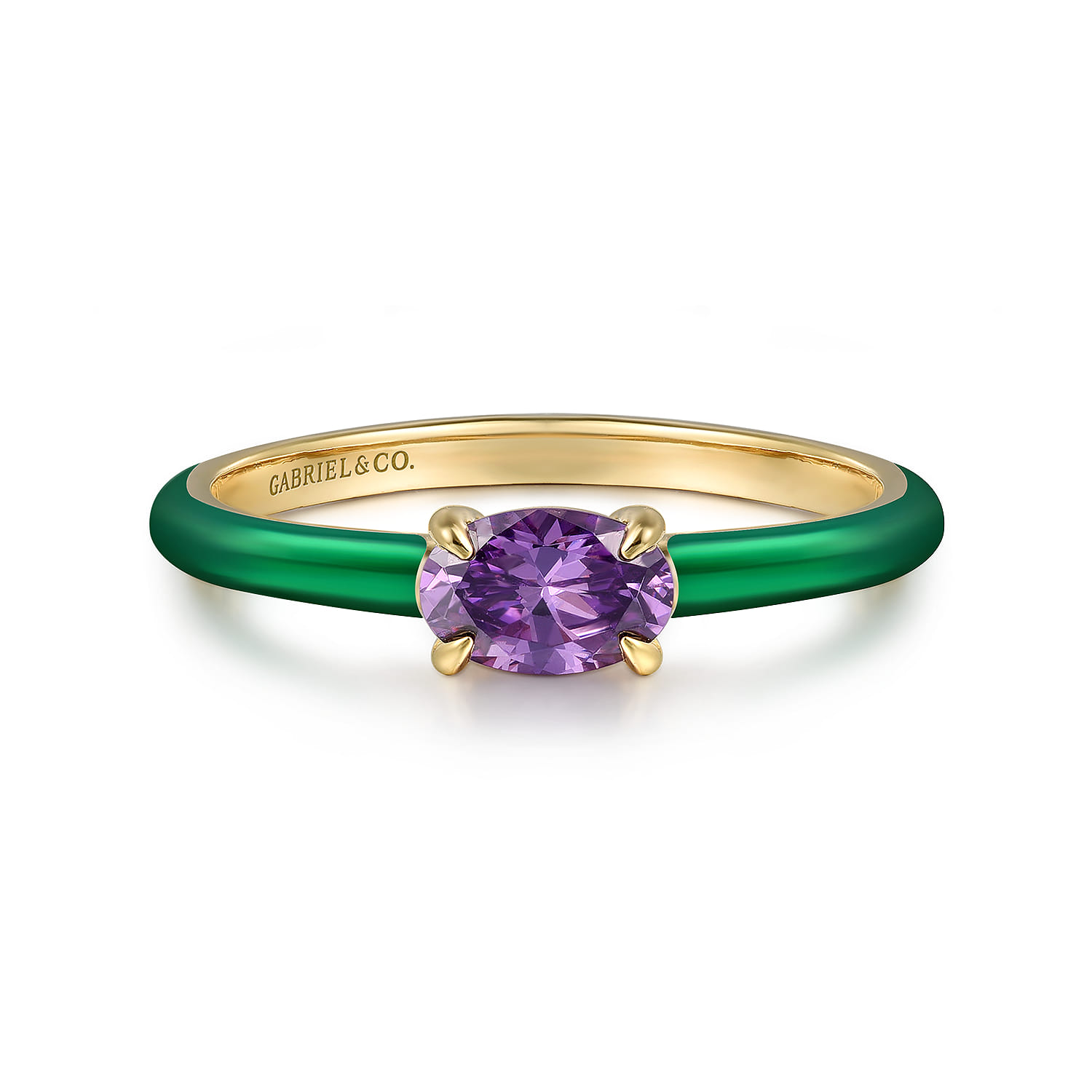 Enamel - 14K Yellow Gold Amethyst Cocktail Stackable with Chrome Green Enamel - Shot 1