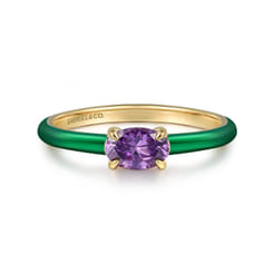 Enamel - 14K Yellow Gold Amethyst Cocktail Stackable with Chrome Green Enamel