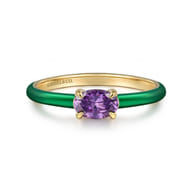 Enamel - 14K Yellow Gold Amethyst Cocktail Stackable with Chrome Green Enamel
