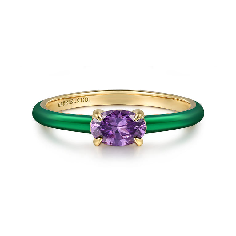Enamel - 14K Yellow Gold Amethyst Cocktail Stackable with Chrome Green Enamel - Shot 1