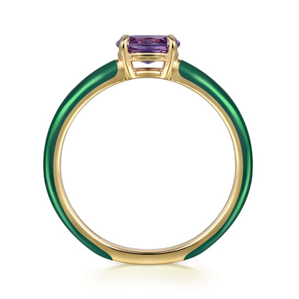 Enamel - 14K Yellow Gold Amethyst Cocktail Stackable with Chrome Green Enamel