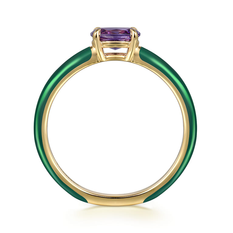 Enamel - 14K Yellow Gold Amethyst Cocktail Stackable with Chrome Green Enamel - Shot 2