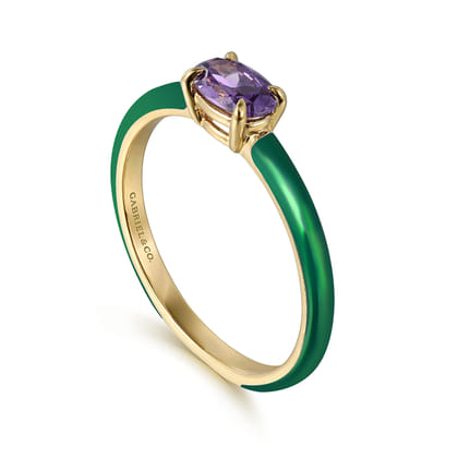 Enamel - 14K Yellow Gold Amethyst Cocktail Stackable with Chrome Green Enamel