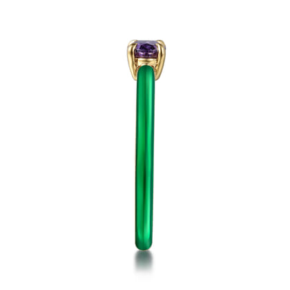 Enamel - 14K Yellow Gold Amethyst Cocktail Stackable with Chrome Green Enamel