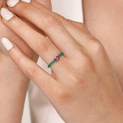 Enamel - 14K Yellow Gold Amethyst Cocktail Stackable with Chrome Green Enamel