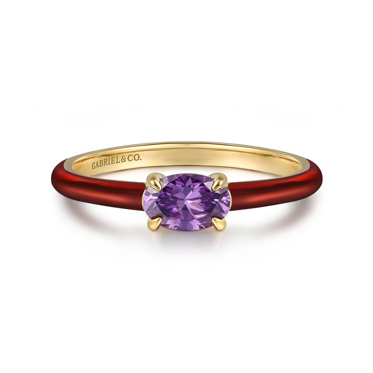 Enamel - 14K Yellow Gold Amethyst Cocktail Stackable with Chrome Red Enamel - Shot 1
