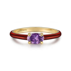 Enamel - 14K Yellow Gold Amethyst Cocktail Stackable with Chrome Red Enamel