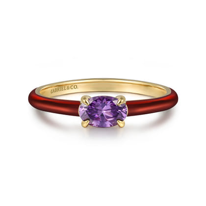 Enamel - 14K Yellow Gold Amethyst Cocktail Stackable with Chrome Red Enamel