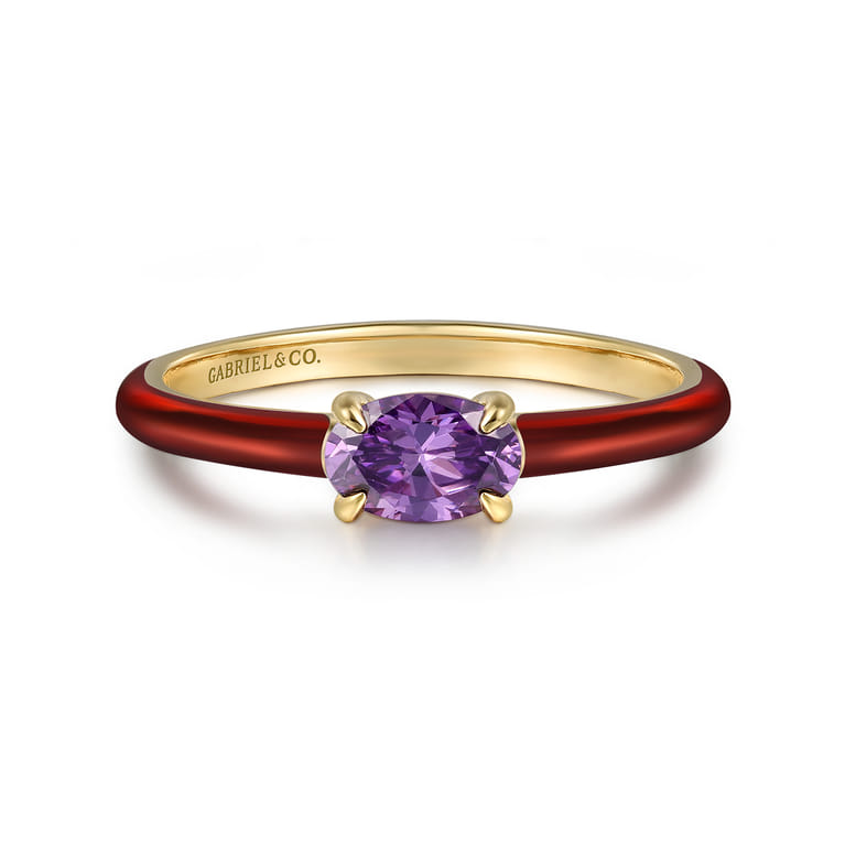 Enamel - 14K Yellow Gold Amethyst Cocktail Stackable with Chrome Red Enamel - Shot 1