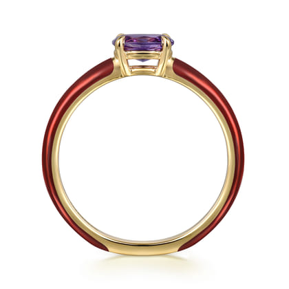 Enamel - 14K Yellow Gold Amethyst Cocktail Stackable with Chrome Red Enamel