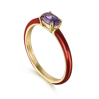 Enamel - 14K Yellow Gold Amethyst Cocktail Stackable with Chrome Red Enamel