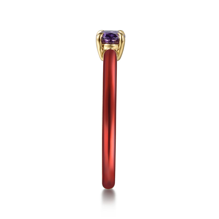 Enamel - 14K Yellow Gold Amethyst Cocktail Stackable with Chrome Red Enamel - Shot 4