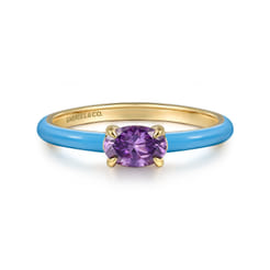 Enamel - 14K Yellow Gold Amethyst Cocktail Stackable with Dusk Blue Enamel