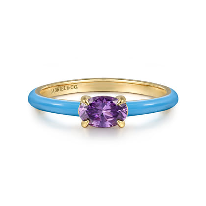 Enamel - 14K Yellow Gold Amethyst Cocktail Stackable with Dusk Blue Enamel
