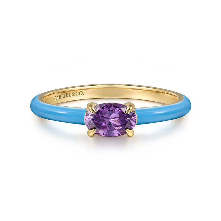 Enamel - 14K Yellow Gold Amethyst Cocktail Stackable with Dusk Blue Enamel - Shot 1
