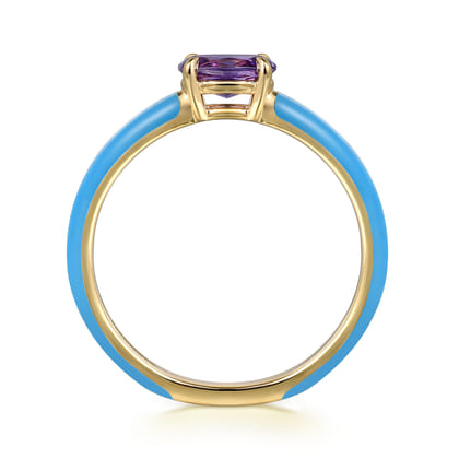 Enamel - 14K Yellow Gold Amethyst Cocktail Stackable with Dusk Blue Enamel