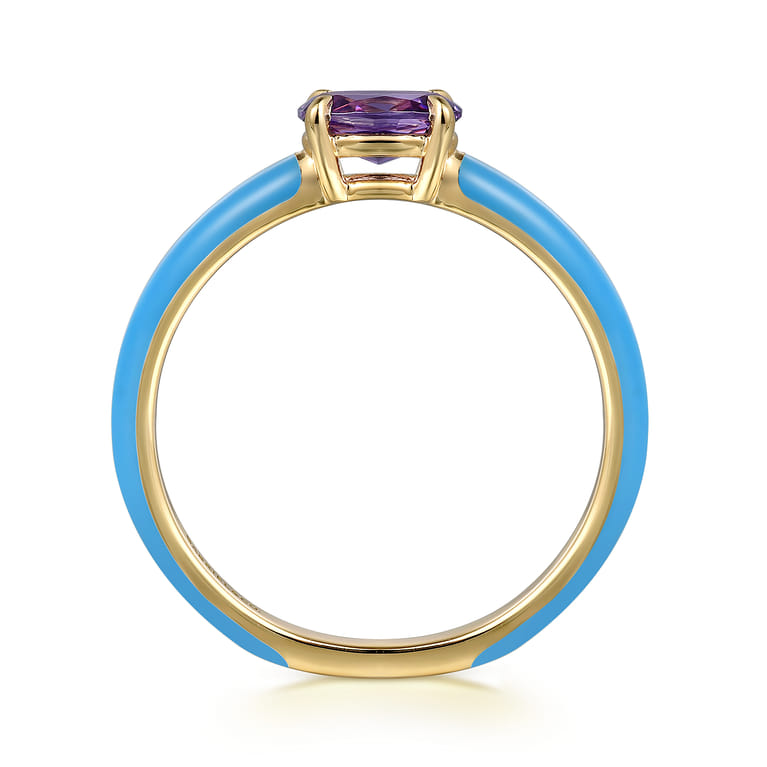 Enamel - 14K Yellow Gold Amethyst Cocktail Stackable with Dusk Blue Enamel - Shot 2