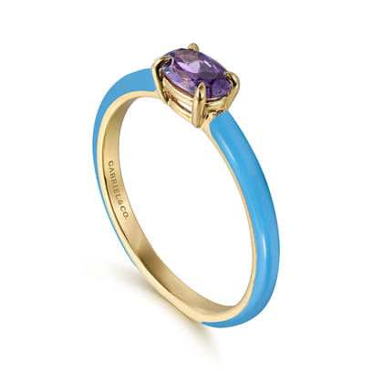 Enamel - 14K Yellow Gold Amethyst Cocktail Stackable with Dusk Blue Enamel