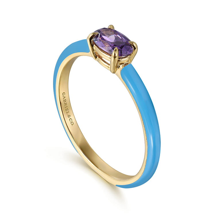 Enamel - 14K Yellow Gold Amethyst Cocktail Stackable with Dusk Blue Enamel - Shot 3