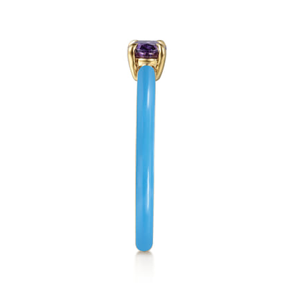 Enamel - 14K Yellow Gold Amethyst Cocktail Stackable with Dusk Blue Enamel