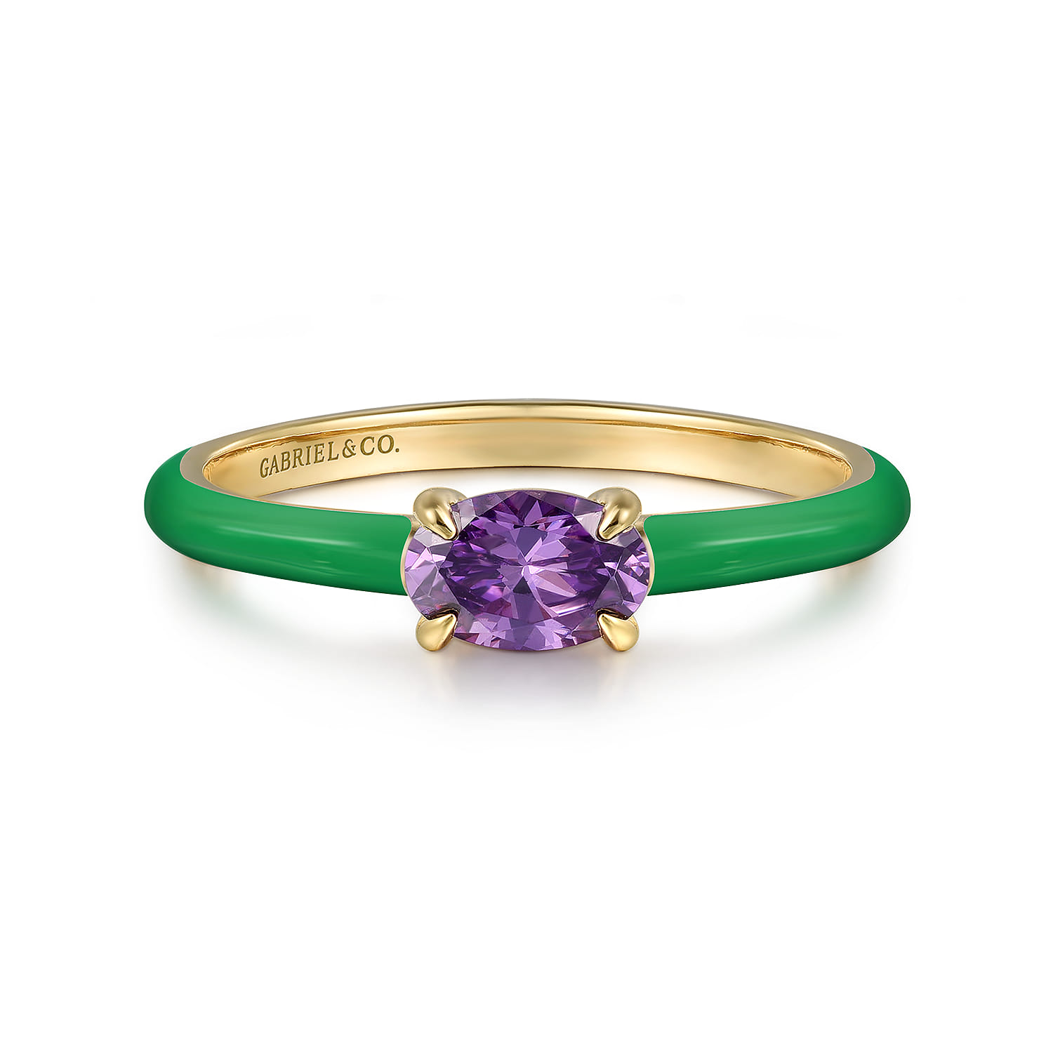 Enamel - 14K Yellow Gold Amethyst Cocktail Stackable with Emerald Green Enamel - Shot 1