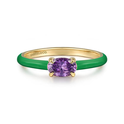Enamel - 14K Yellow Gold Amethyst Cocktail Stackable with Emerald Green Enamel