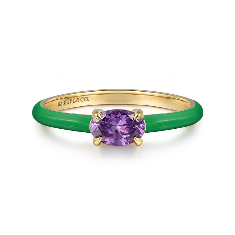 Enamel - 14K Yellow Gold Amethyst Cocktail Stackable with Emerald Green Enamel - Shot 1
