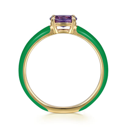 Enamel - 14K Yellow Gold Amethyst Cocktail Stackable with Emerald Green Enamel