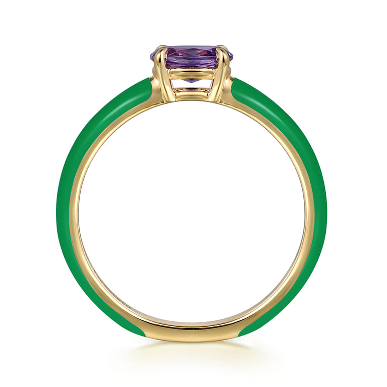 Enamel - 14K Yellow Gold Amethyst Cocktail Stackable with Emerald Green Enamel - Shot 2