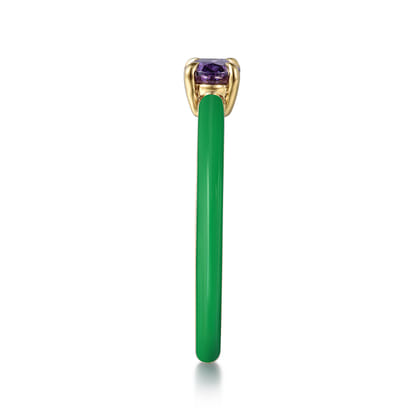 Enamel - 14K Yellow Gold Amethyst Cocktail Stackable with Emerald Green Enamel