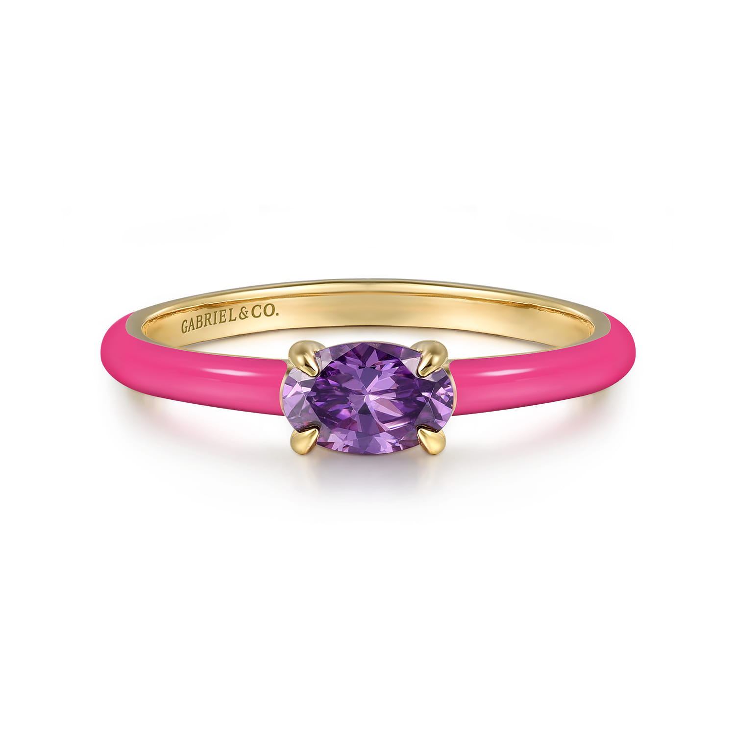 Enamel - 14K Yellow Gold Amethyst Cocktail Stackable with Fuchsia Enamel - Shot 1