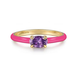 14K Yellow Gold Amethyst Cocktail Stackable with Fuchsia Enamel