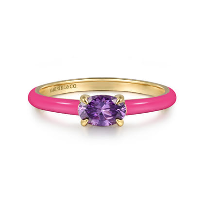 Enamel - 14K Yellow Gold Amethyst Cocktail Stackable with Fuchsia Enamel