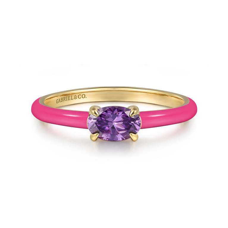 Enamel - 14K Yellow Gold Amethyst Cocktail Stackable with Fuchsia Enamel - Shot 1