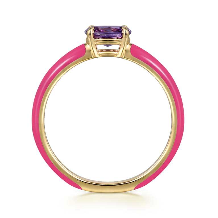 Enamel - 14K Yellow Gold Amethyst Cocktail Stackable with Fuchsia Enamel - Shot 2