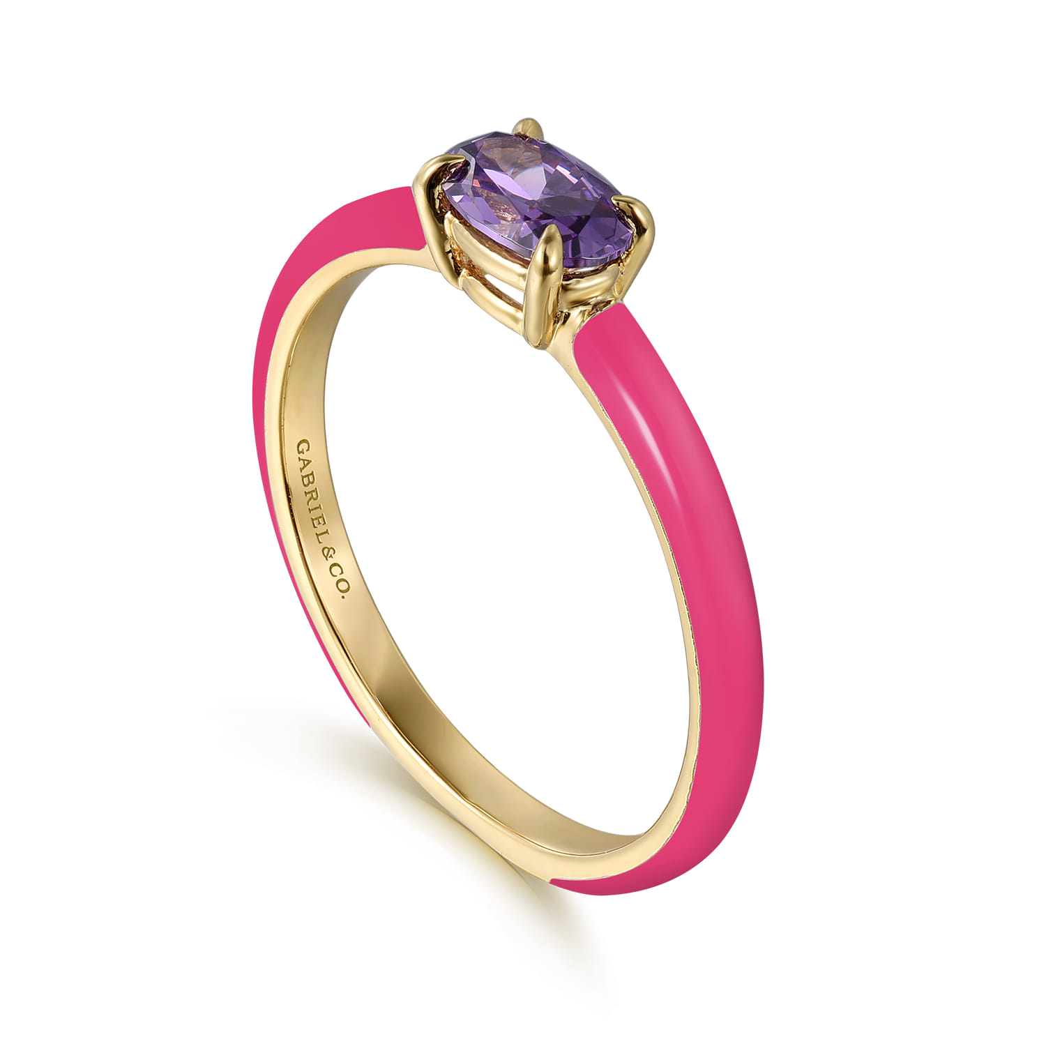 Enamel - 14K Yellow Gold Amethyst Cocktail Stackable with Fuchsia Enamel - Shot 3