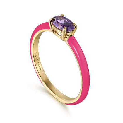 Enamel - 14K Yellow Gold Amethyst Cocktail Stackable with Fuchsia Enamel