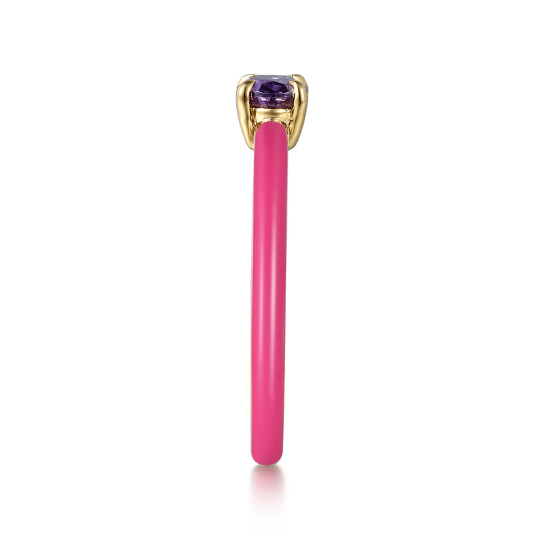 Enamel - 14K Yellow Gold Amethyst Cocktail Stackable with Fuchsia Enamel - Shot 4