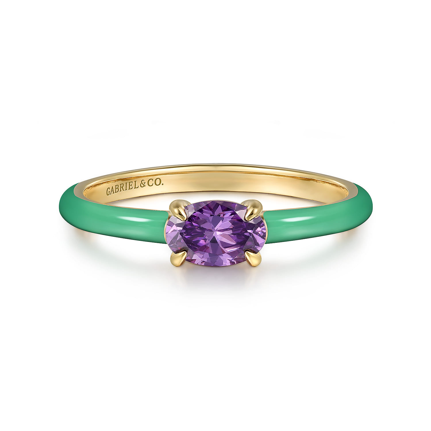 Enamel - 14K Yellow Gold Amethyst Cocktail Stackable with Mint Green Enamel - Shot 1