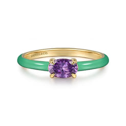 Enamel - 14K Yellow Gold Amethyst Cocktail Stackable with Mint Green Enamel