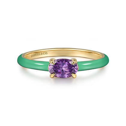 Enamel - 14K Yellow Gold Amethyst Cocktail Stackable with Mint Green Enamel