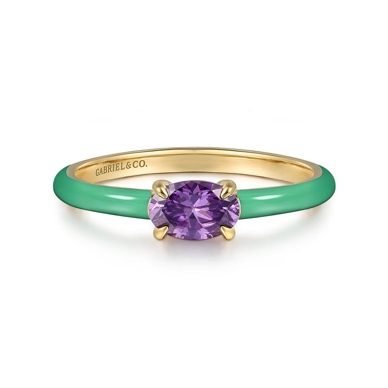 Enamel - 14K Yellow Gold Amethyst Cocktail Stackable with Mint Green Enamel - Shot 1