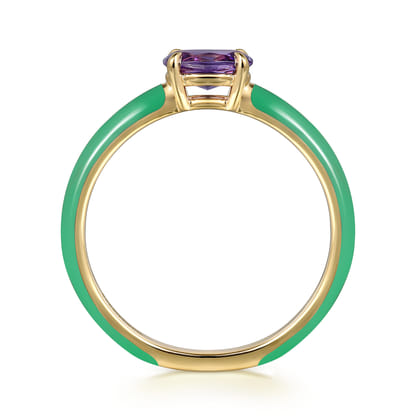 Enamel - 14K Yellow Gold Amethyst Cocktail Stackable with Mint Green Enamel