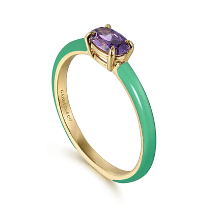Enamel - 14K Yellow Gold Amethyst Cocktail Stackable with Mint Green Enamel