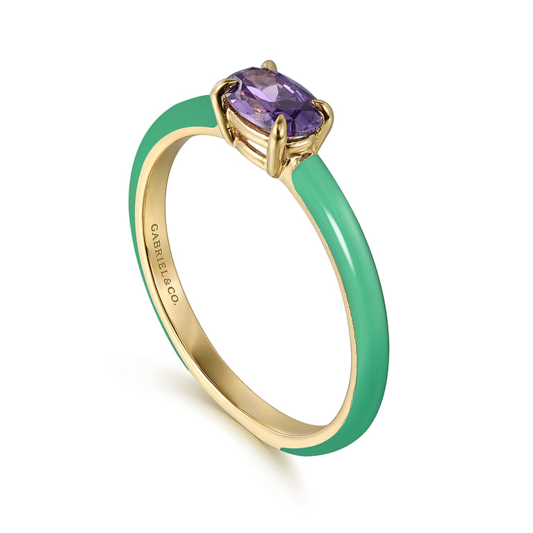 Enamel - 14K Yellow Gold Amethyst Cocktail Stackable with Mint Green Enamel - Shot 3