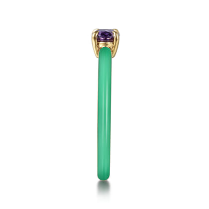Enamel - 14K Yellow Gold Amethyst Cocktail Stackable with Mint Green Enamel