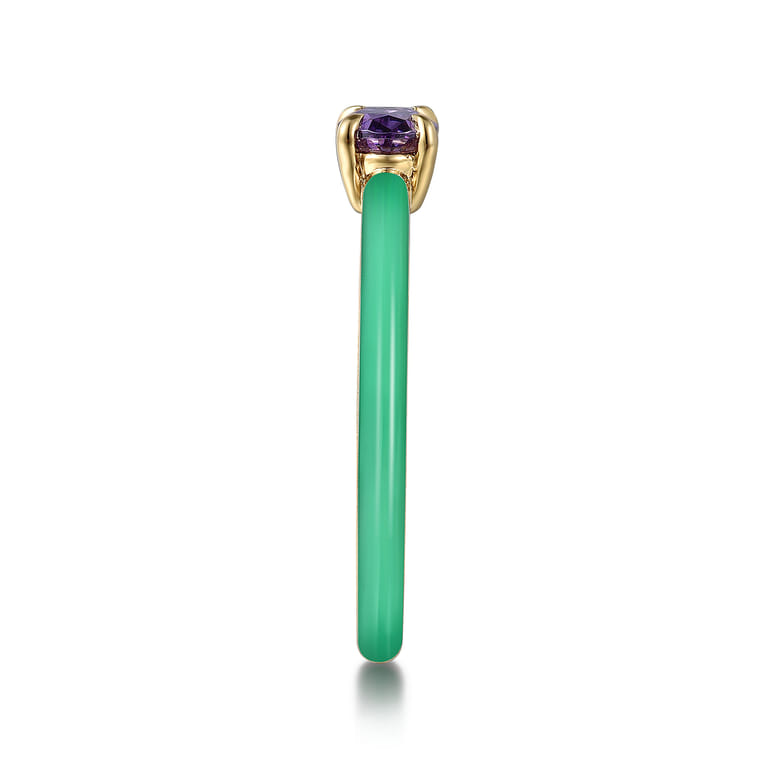 Enamel - 14K Yellow Gold Amethyst Cocktail Stackable with Mint Green Enamel - Shot 4